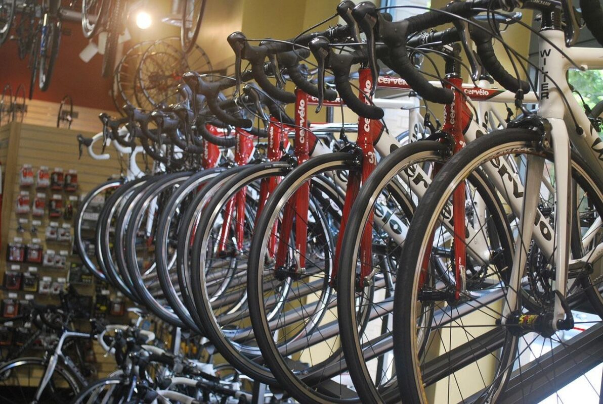 Close-up of a bicycle wheel and tyre in a storage cradle