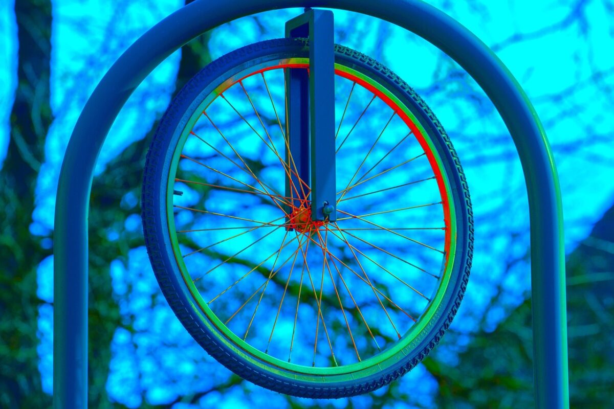 Bicycle hanging in storage for the winter